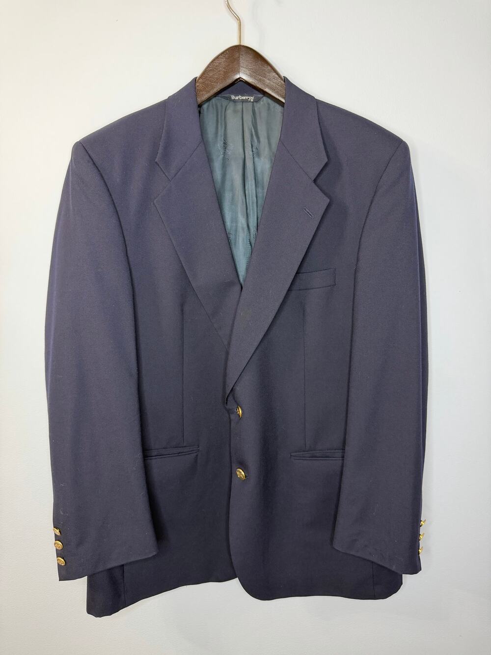 Vintage Burberry Navy Blue Blazer Wool Sports Coat Jacket Gold Button 44R